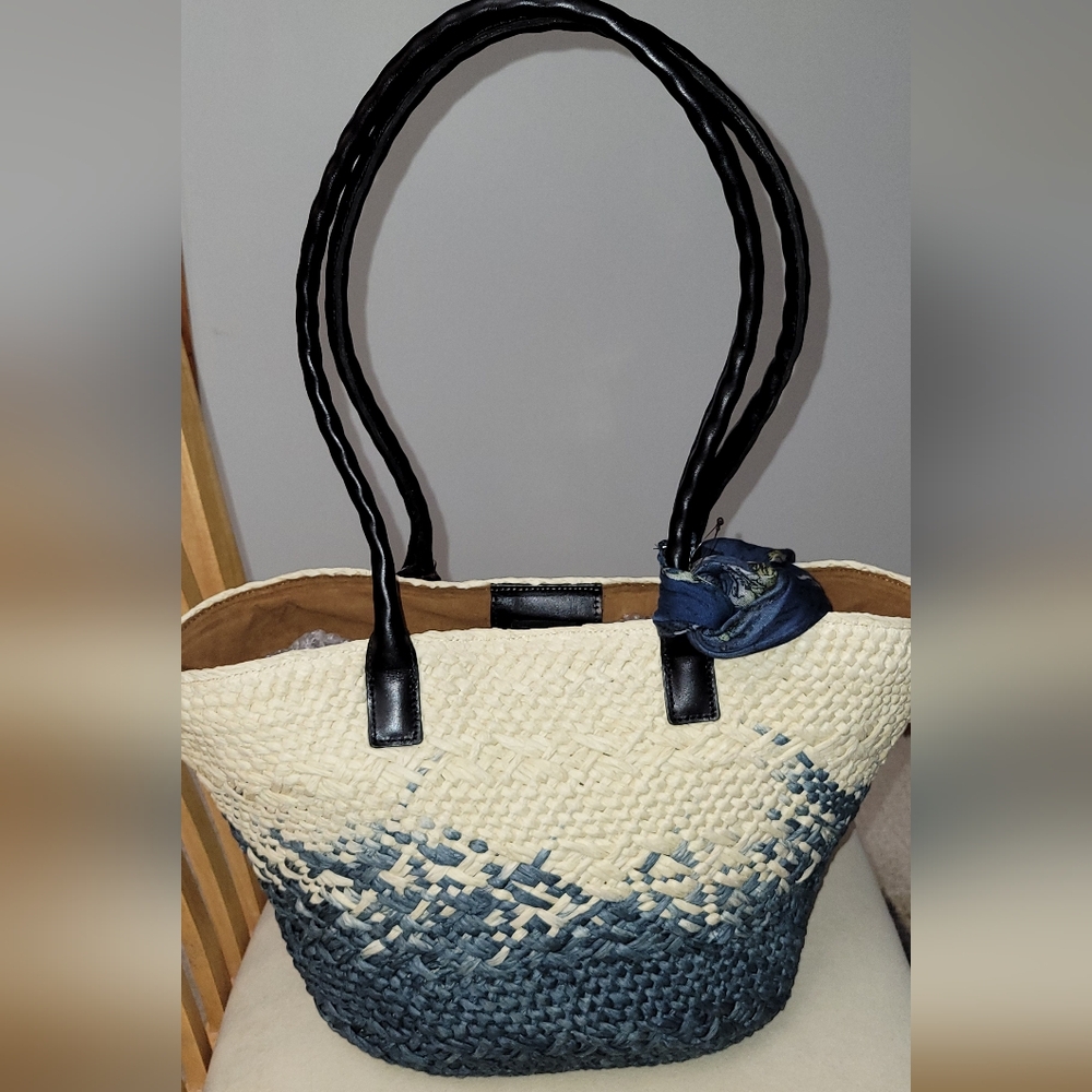 Patricia Nash Calypso Blue And Cream Woven Tote w/ Scarf Accent NWT